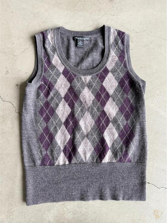 Marina Luna Sweaters - Marina Luna / Merino Wool Argyle Sweater Vest / Gray Purple